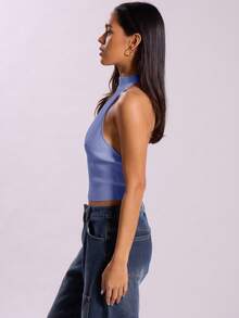MUSERA High Neck Ribbed Backless Halterneck Knit Top Y2k Grunge Festival Concert, Sexy Summer Rave Ibiza Winter Date Night Work Office - Blue - View 3