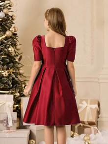 女童方领短袖花瓣袖腰部荷叶边串珠连衣裙 - 紅色 - 查看 2