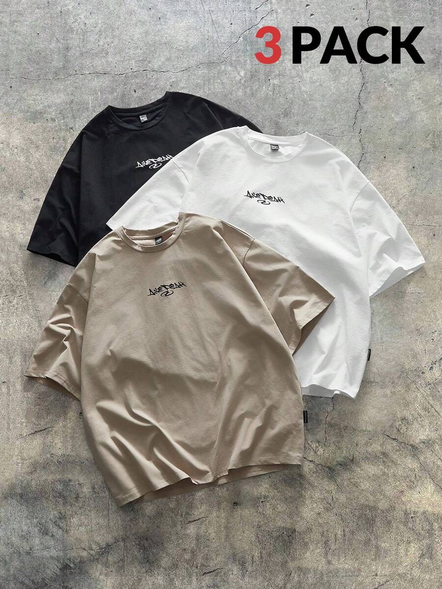 AXEPEAK 3 件装男士圆领宽松短袖 T 恤套装，夏季，街头风 - 彩色 - 查看 1