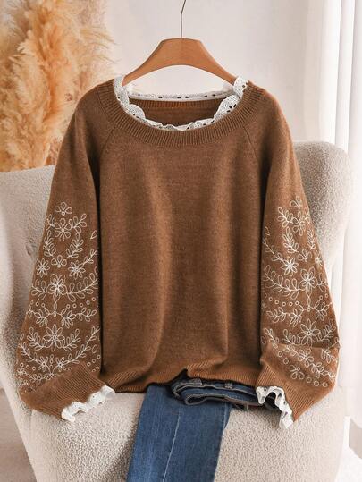 CosyJoli Plus Size Women Floral Embroidery Raglan Sleeve Casual Loose Pullover Sweater, Autumn/Winter