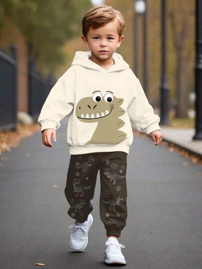 1 套年轻男孩休闲时尚可爱卡通恐龙印花长袖连帽衫和裤子套装，适合户外、运动和学校穿着，秋冬季