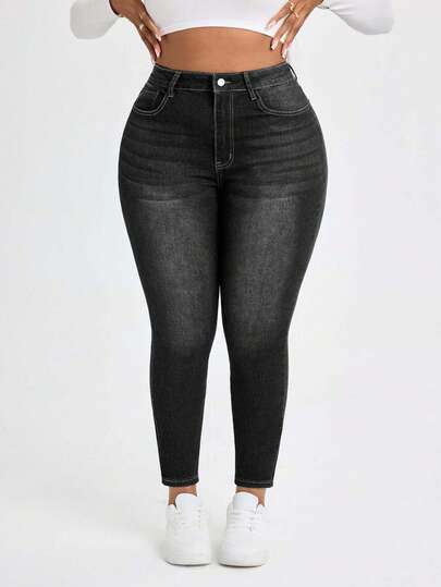 EURMUSE Plus Size Casual Washed High Waist Slim Fit Denim Jeans