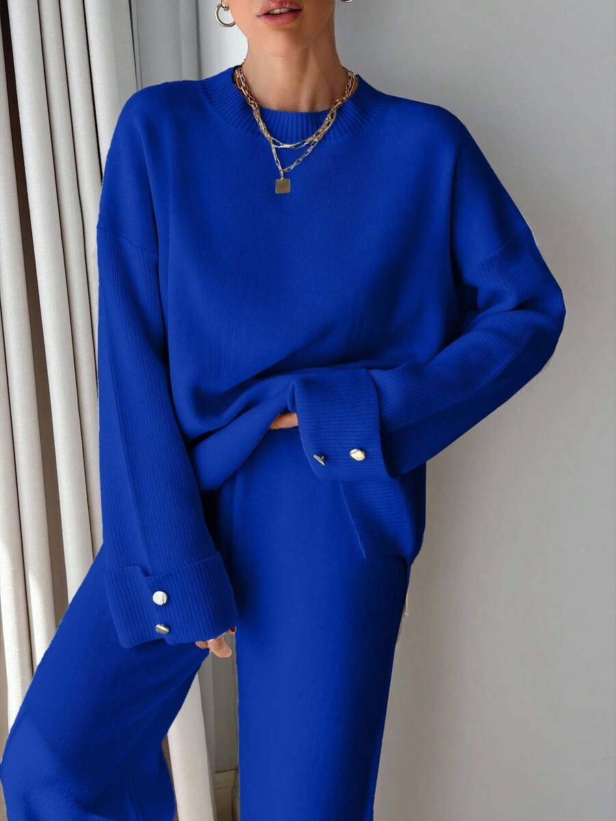 EURMUSE Women Button Detailed Sweater And Pant Set - Royal Blue - View 1