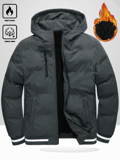 Manfinity Homme Men's Hooded Thermal Lined Long Sleeve Thermal Lined Padded Coat, Black, Multi-Pocket Casual Thick Outerwear, Autumn/Winter, Daily Leisure, Weekend Trips, Outdoor Activities, Travel Expeditions, Relaxed Work Environments Or Semi-Formal Occasions,Boyfriend/Husband Gift, Anniversary Gift Christmas