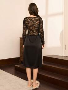 Moireta Élégante et sexy Robe de nuit en dentelle de haute qualité avec nœud papillon, convient pour le loungewear, la robe de nuit en dentelle, la lingerie de nuit, la robe de nuit sexy noire, la robe de nuit noire, hiver - Noir - Voir 2