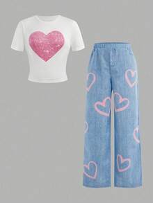 SHEIN ChillGRL 2 件套青少年女孩夏季休闲时尚心形图案 T 恤和心形印花阔腿裤套装春夏秋季度假和日常穿着