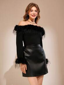 2 Pieces Black Faux Leather Skirt Suit Set, Fashion Outfit ForTeen Girl, Autumn/Winter 2025 New Arrival - Black - View 3