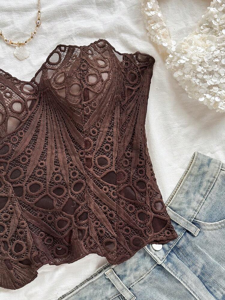 Soleia European And American Style Young Vacation Sexy Avant-Garde Lace Double-Layered Herringbone Court Corset Strapless Coffee Brown Hollowed-Out Embroidered Shapewear - Coffee Brown - View 5