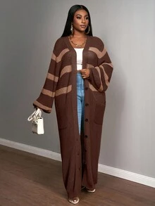 Slaydiva 2026秋冬新款大码优雅复古浪漫经典性感复古风女式办公商务休闲日常穿着约会派对卡其色撞色条纹长款针织开衫 - 鏽棕色 - 查看 5