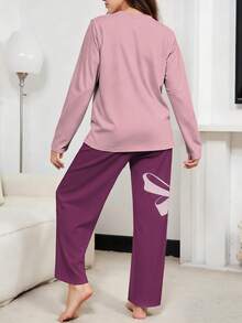 2件套少女休闲针织弹力蝴蝶印花长袖上衣和裤子家居服，薰衣草色 - 淡紫色 - 查看 2