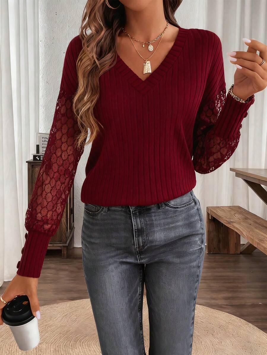 SHEIN LUNE Camiseta de manga larga con cuello en V de encaje, detalles de botones y bloques de color para mujer, ideal para la primavera - Rojo - Ver 1