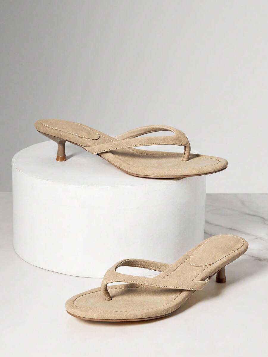 SHUZIA 女士小猫跟日常时尚休闲性感舒适优雅仿麂皮高跟凉鞋 - 米色 - 查看 1