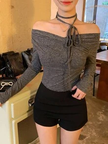 DAZY Women's Cross Off-Shoulder Korean Style Tie-Up Long Sleeve T-Shirt, Spring/Autumn