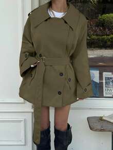 Muchica 女士时尚优雅双排扣束带风衣法式风衣女装风衣秋冬女装风衣 - 軍綠色 - 查看 8