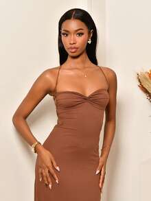 Mima John Women's Minimalist Solid Color Front Twist Backless Spaghetti Strap Summer Dress - Brown - View 1