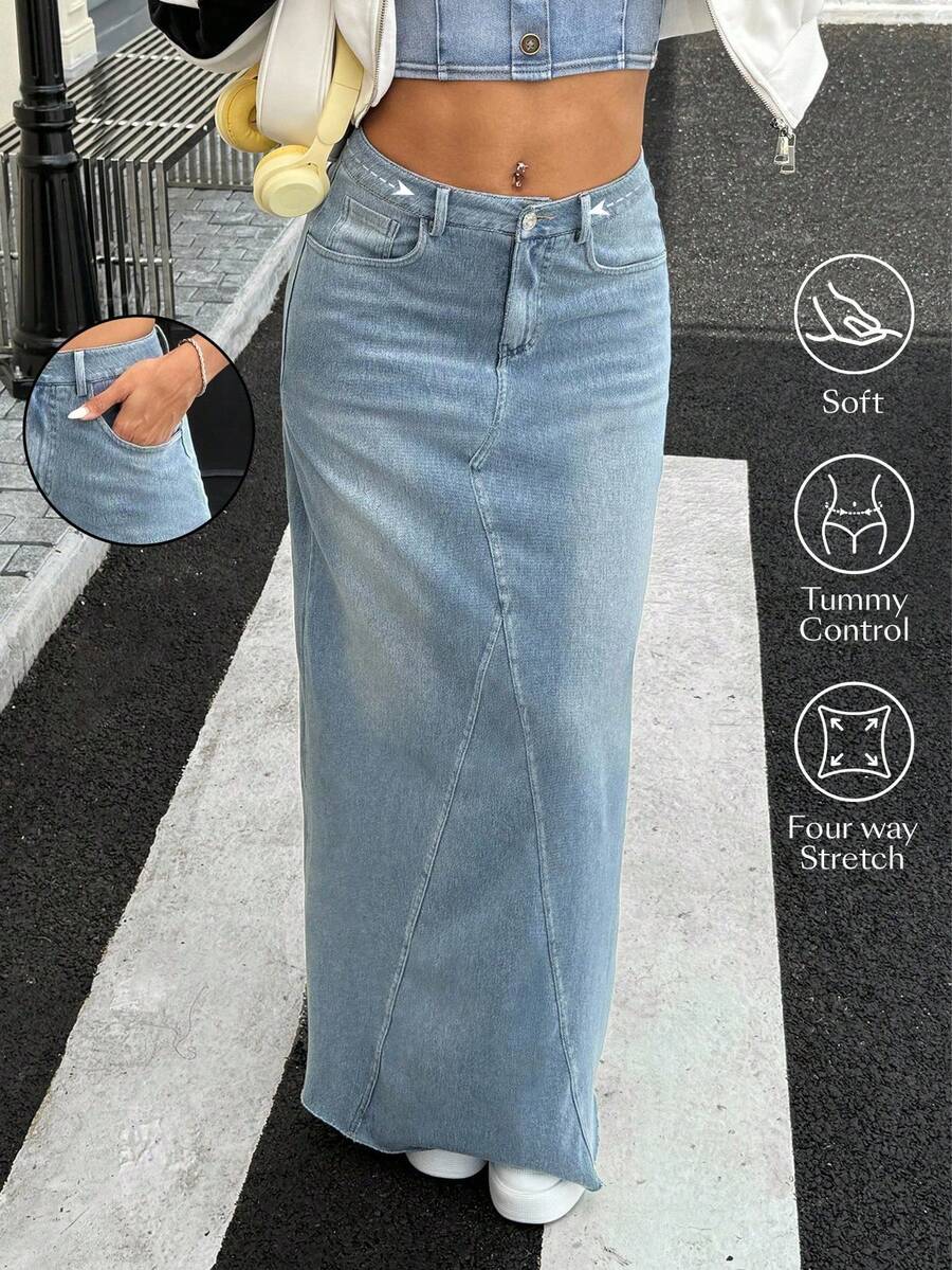 Flexra 女式口袋直筒休闲百搭牛仔裙 - 淺色水洗藍 - 查看 1