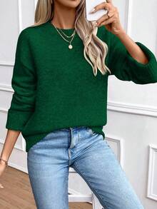 EMERY ROSE Damen Grüner Rundhalspullover aus Wollmischung mit umgedrehtem Bündchen - Grün - Übersicht 5