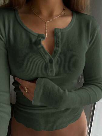 DAZY Women's Casual Everyday Commute Solid Color Ribbed Knit Button-Up Long Sleeve Fitted T-Shirt, Spring/Autumn