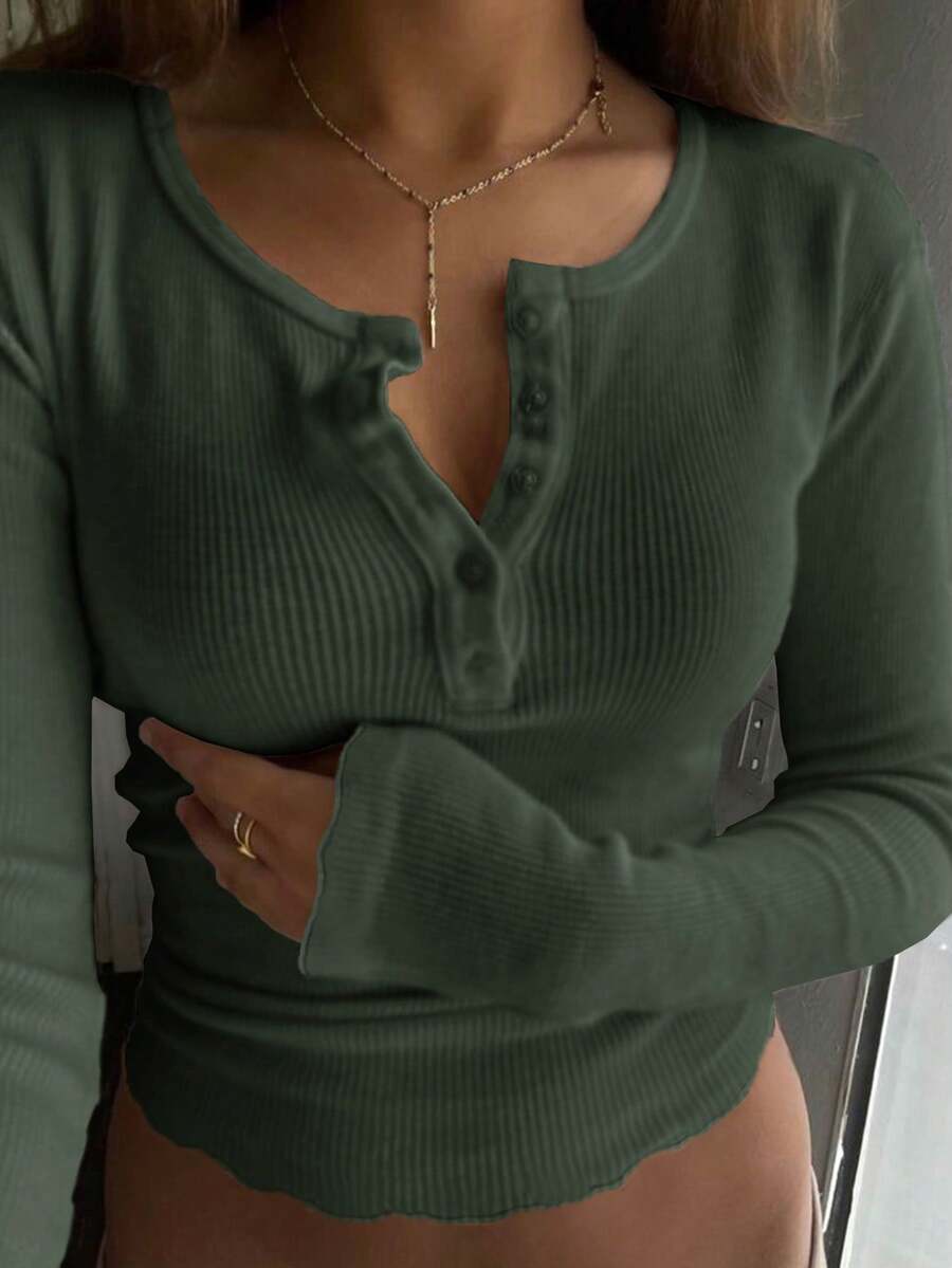 DAZY 女式休闲日常通勤纯色罗纹针织纽扣长袖修身 T 恤，春/秋 - 軍綠色 - 查看 1