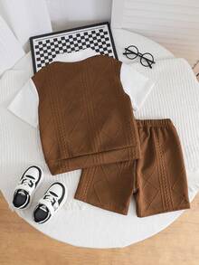 SHEIN Streecool Kids Bộ 2 món/Bộ đồ bé trai 2 trong 1 áo thun tay ngắn và quần short vải jacquard thêu thoải mái, phù hợp cho các hoạt động ngoài trời thường ngày, mùa xuân/hè - màu nâu - Xem 2