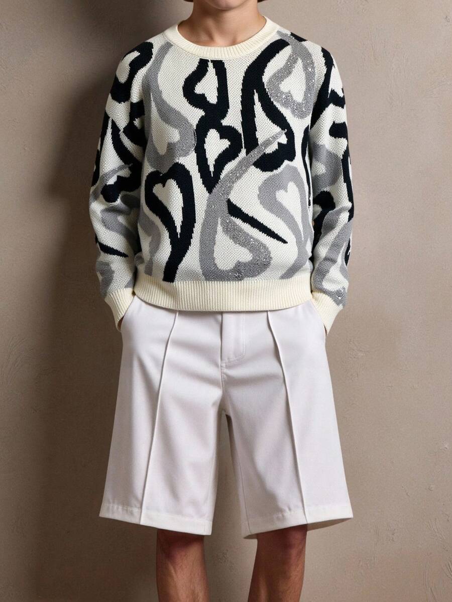 Manfinity Homme Men's Fashionable Colorblock Heart Pattern Sweater, Autumn/Winter, Long Sleeve Top - Multicolor - View 1