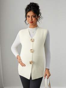 Momance Women's Fitted V-Neck Rose Gold Button Design Casual Elegant Maternity Sweater Vest, Solid Color