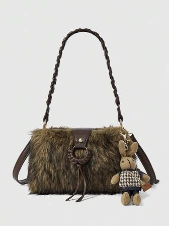 Grunge Punk Millennial Style Women's Shoulder Bag, Vintage Bag, Western Wallet, Bohemian Vacation Bag, Plush Bag,Hobo Bag, Vacation Essentials, Y2k, Retro, Fashionable, Personalized, Simple, Versatile,Pendant Accessory, Street, Sweet And Cool Girls, Hot Girls, Daily , Autumn And Winter (Random Pattern)