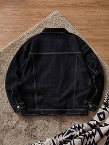 SWAVVY 男士长袖单排扣休闲黑色牛仔夹克 - 黑色 - 查看 2