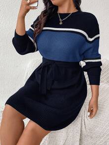 SHEIN Frenchy Plus Size Color Block Striped Drop Shoulder Long Sleeve Casual Knit Sweater Dress/Winter - Multicolor - View 1