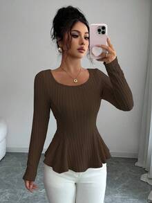 Selianne Casual Ribbed Crew Neck Long Sleeve Backless Bow Tie Blouse - Brown - View 4