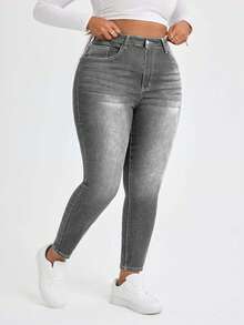 EURMUSE Quần jean denim trơn màu cỡ lớn thường ngày - Màu Xám nhạt - Xem 5