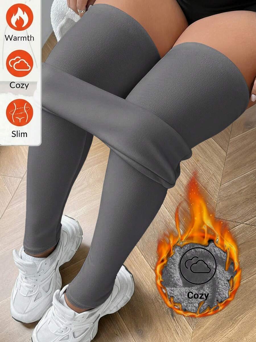 SHEIN EZwear 加大码加厚保暖灰色打底裤,冬季保暖 - 灰色 - 查看 1