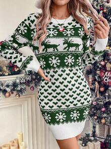 LanaWest 女士圣诞图案针织连衣裙 - 墨綠色 - 查看 7