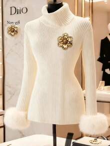 Franclia Women's High Neck Drop Shoulder Long Sleeve Casual Fitted Knit Pullover T-Shirt - Apricot - View 1