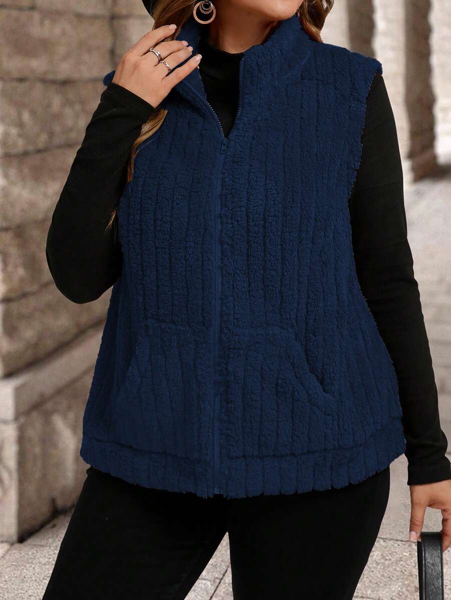 Áo khoác cardigan không tay cổ đứng có khóa kéo cỡ lớn dành cho nữ, phù hợp mặc vào mùa thu/đông cho năm mới - Màu xanh hải quân - Xem 1
