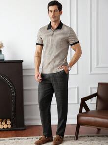 Core Aspect 针织短袖提花 Polo 衫，休闲时尚 Polo 衫，撞色领 - 卡其色 - 查看 5