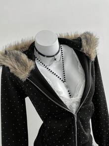 Elamini 女士黑色砖纹亮片针织抓绒卫衣，人造毛领，撞色拼接，长袖，修身版型，带口袋，前拉链，秋冬休闲装，适合上学、毕业典礼、复古街头风、通勤、派对等场合。