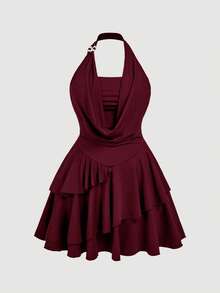 SHEIN MOD 大码复古 70 年代不对称迷你连衣裙，饰有荷叶边、露背领、串珠装饰、层叠蛋糕裙摆和垂褶领——Y2K 风格，非常适合海岛度假、派对、约会、生日庆祝、下午茶和节日！ - 酒紅色 - 查看 7