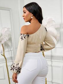 INAWLY Plus Size Women Lantern Sleeve Cropped Retro Oblique Shoulder Top - Multicolor - View 2