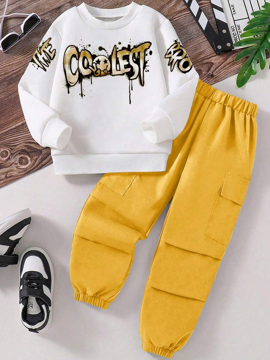 Set 2 buc. Hanorac grafic alb pentru băieți și pantaloni cargo galbeni, ținută casual la modă cu graffiti stradal, potrivită pentru toate anotimpurile - Galben muștar - Vizualizare 1
