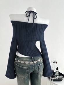 Elamini 1件女士炭灰色个性化精致露肩系带蝴蝶结设计不对称下摆弹力针织休闲毛衣，秋冬款 - 藏蓝色 - 查看 2