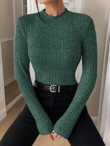 SHEIN Frenchy 高领罗纹针织纹理面料T恤 - 綠色 - 查看 3