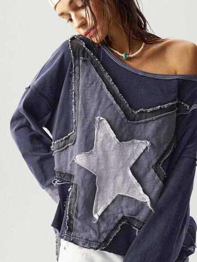 Bohemela 大码女式时尚撞色星星贴花衬衫，秋季