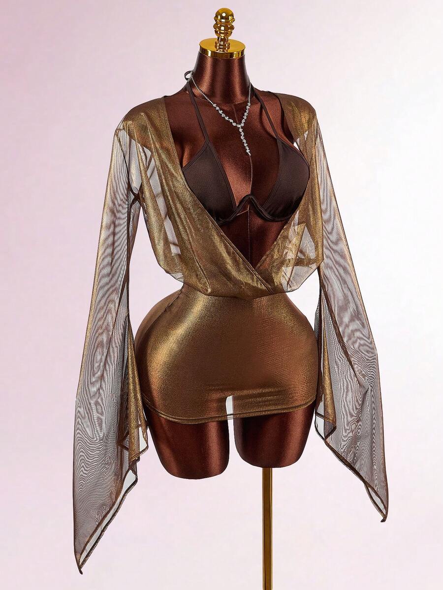 Amplova 时尚紧身网纱深V领蝙蝠袖网纱透视紧身半身裙，搭配细肩带钢圈文胸，两件套，适合派对和假日穿着。 - 鏽棕色 - 查看 1