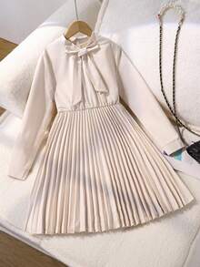 SHEIN Váy xếp ly cổ nơ cho bé gái tuổi mới lớn - Màu Khaki - Xem 3