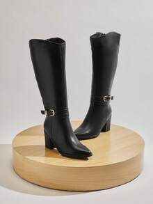 SHUZIA 女士时尚搭扣装饰尖头高跟黑色PU长靴——优雅、简约、街头风，圣诞节必备 - 黑色 - 查看 5