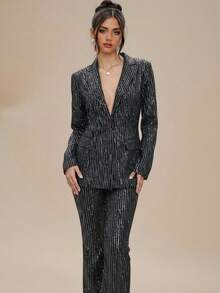 SHEIN BAE Frühling/Herbst Damen Rundhals Langarm Fransen Pailletten Dekor Konzert Musik Festival Schwarze Jacke, modische & coole Damen Oberbekleidung, sexy Weihnachts-/Halloween-Party Outfit, Thanksgiving Pailletten Winter Damenkleidung