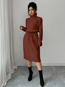 SHEIN Elenzya Damen Einfarbiges Binden-Taschen Elegantes Pulloverkleid - Braun - Übersicht 4