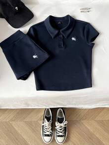 Elamini Women's Casual Polo Collar Horse Embroidery Fitted T-Shirt & Mini Low-Waist Skort Set - Navy Blue - View 6