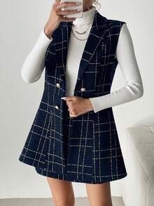SHEIN Clasi 女士斜纹软呢背心+A字裙两件套，优雅通勤装 - 藏蓝色 - 查看 3